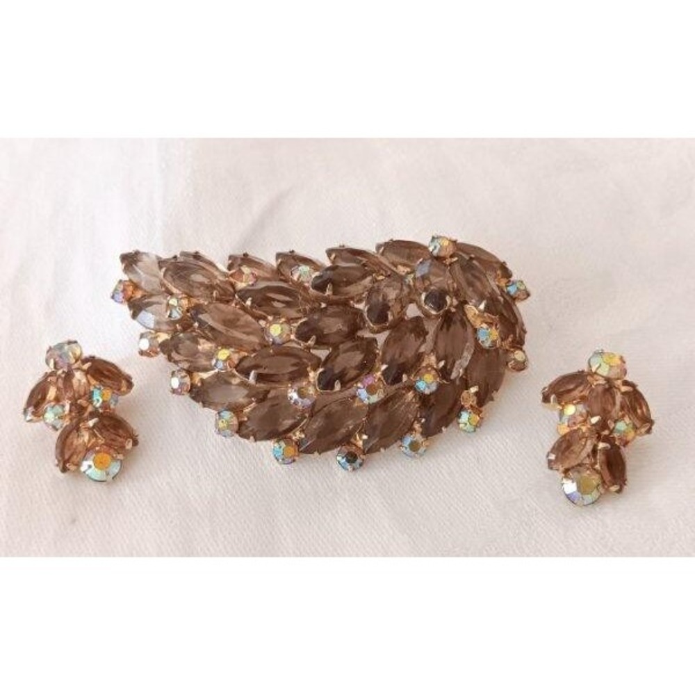 Vintage Set D&E Juliana 3" Topaz Amber Rhinestone Brooch Earrings AB Layered - Picture 6 of 6